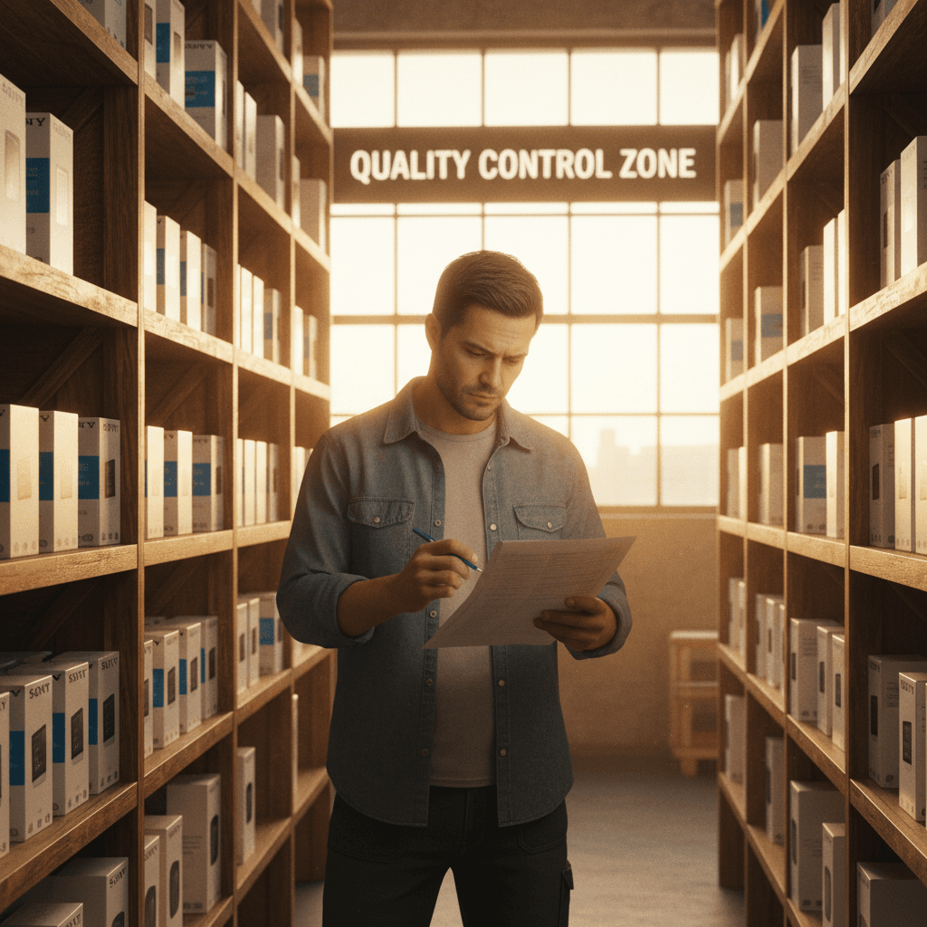 Supply chain manager reviewing organized inventory and stock levels