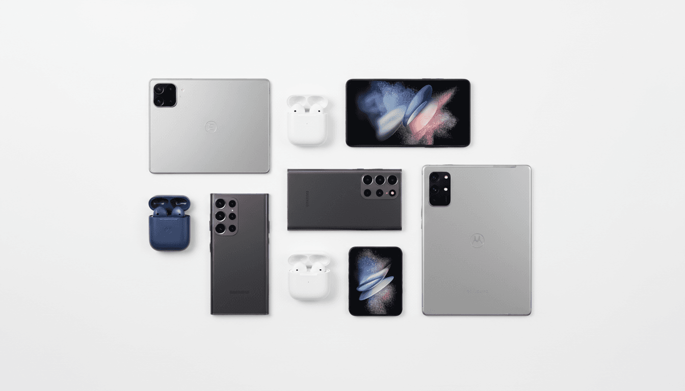 Array of wholesale electronics including Samsung smartphone, Motorola phone, tablet, and earbuds on white background