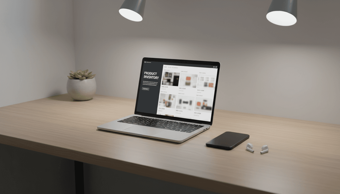 Professional wholesale electronics workspace with laptop and inventory