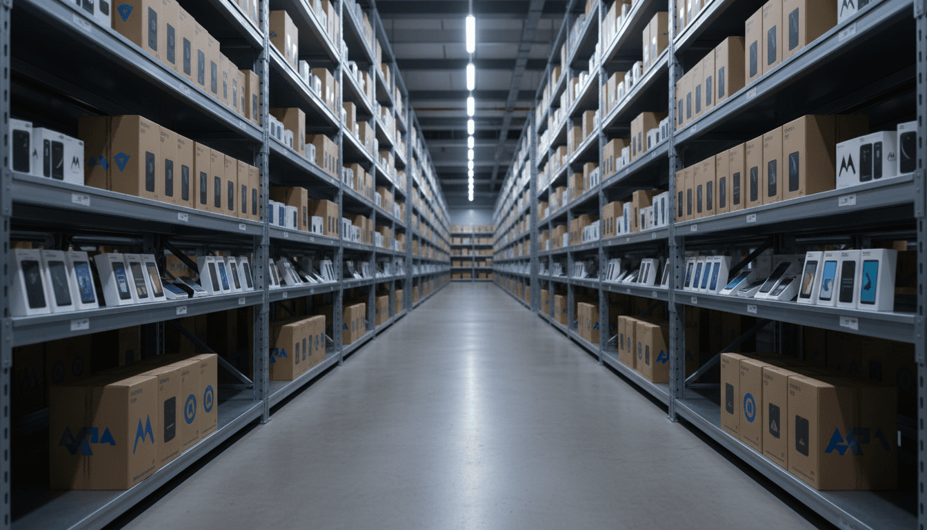 Professional wholesale electronics warehouse with organized inventory of smartphones and tablets
