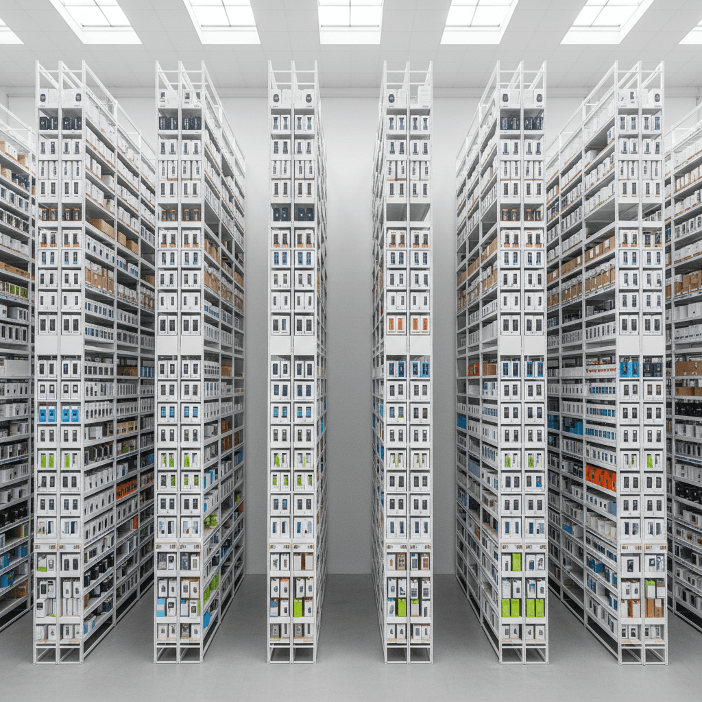 Wholesale electronics inventory organized on shelves