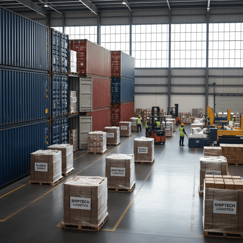 International shipping warehouse with containers and organized logistics
