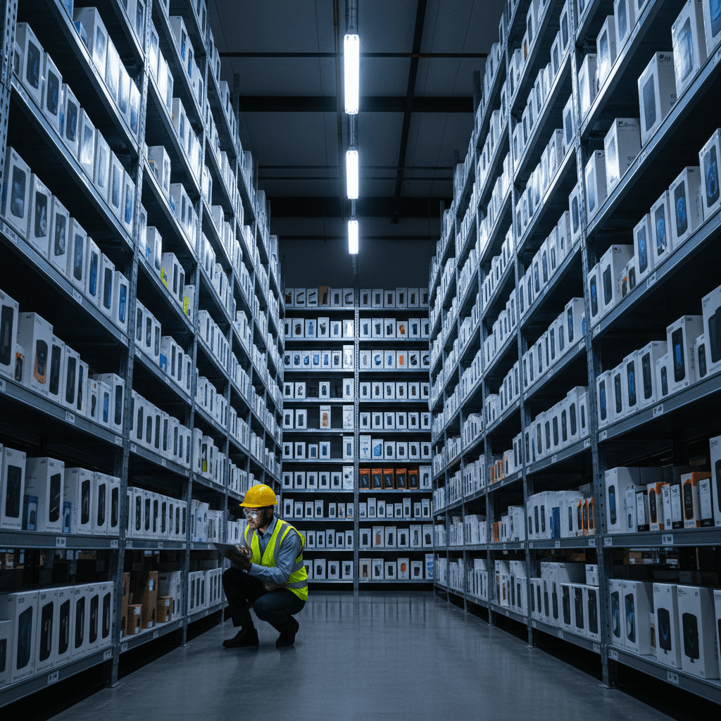 Organized wholesale inventory of electronics in modern warehouse