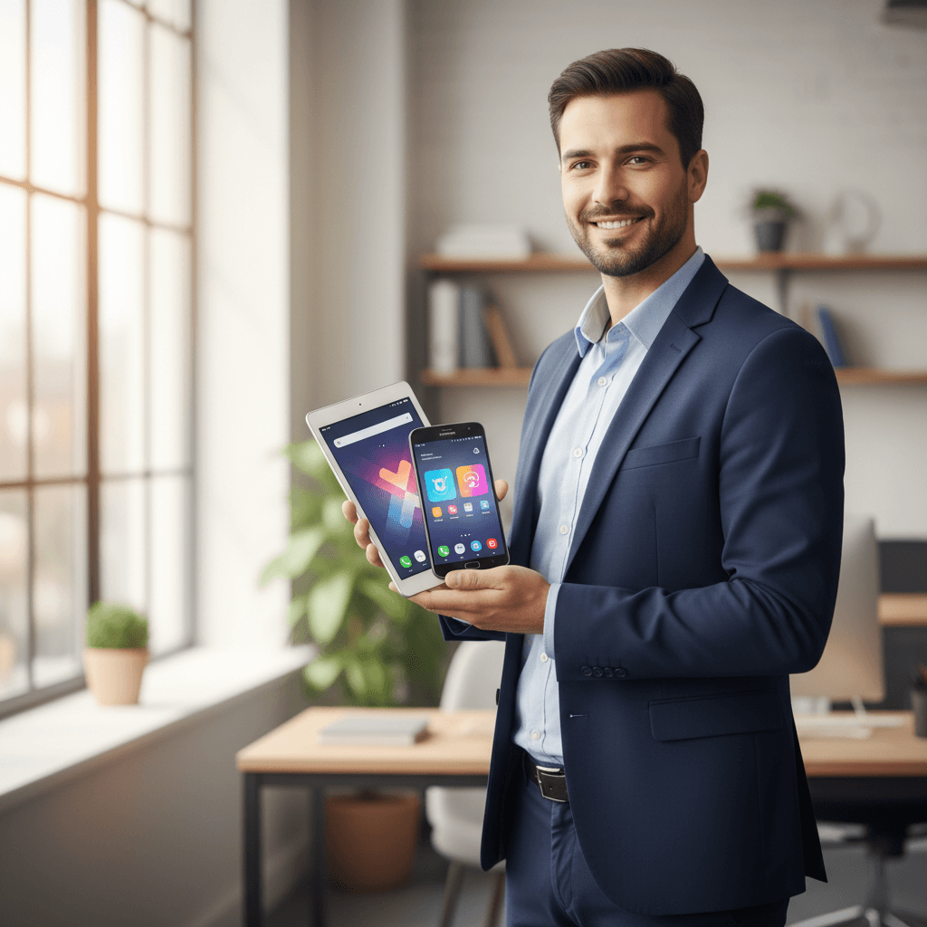 AE electronics professional with smartphone and tablet products