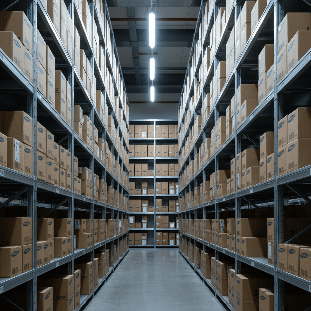 Bulk electronics inventory in organized warehouse storage