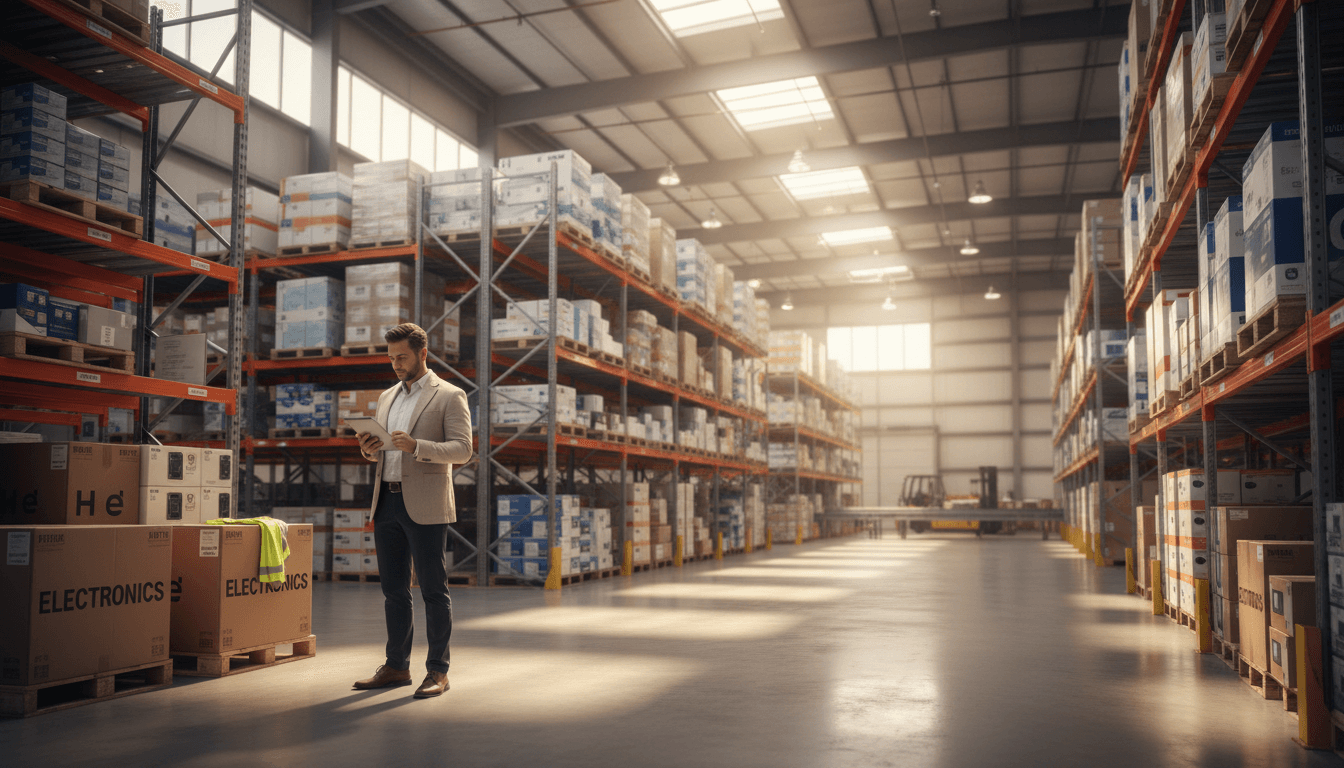 Warehouse professional managing electronics inventory in a Miami distribution center