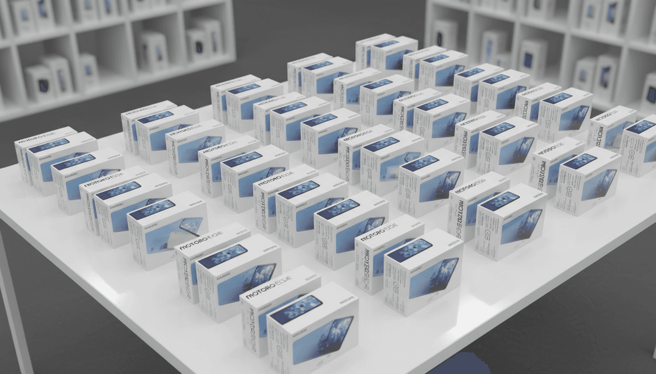 Organized display of wholesale electronics including Samsung and Motorola smartphones and tablets